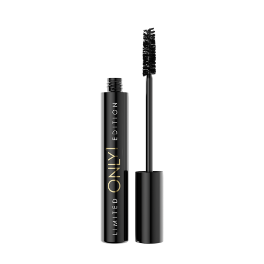 An open black mascara tube with its wand placed next to it.