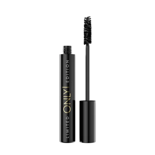 An open black mascara tube with its wand placed next to it.