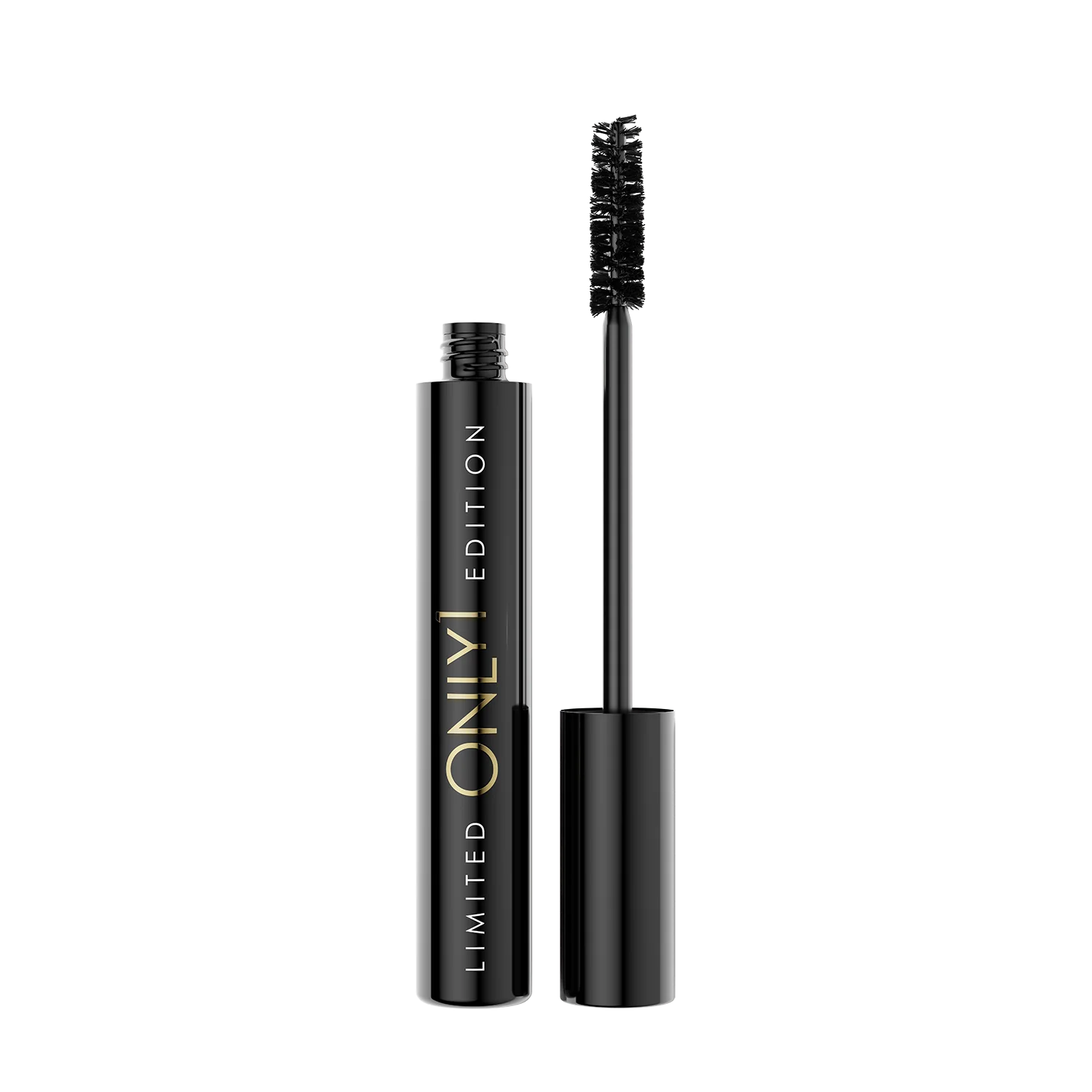 An open black mascara tube with its wand placed next to it.
