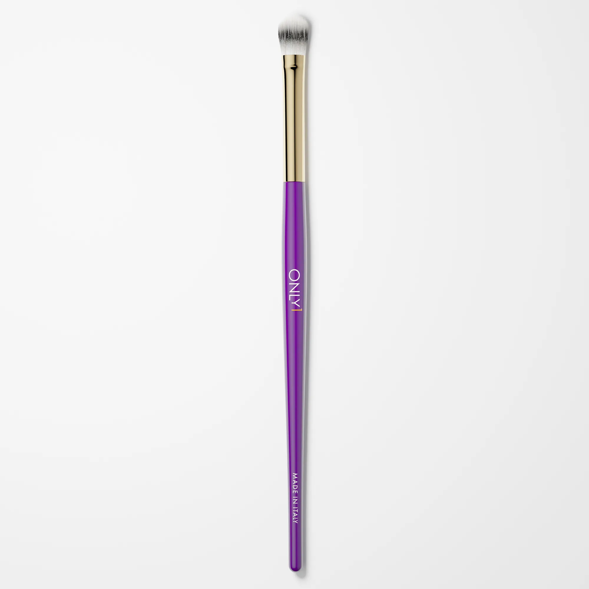 Purple and gold makeup brush with white bristles on a plain white background.