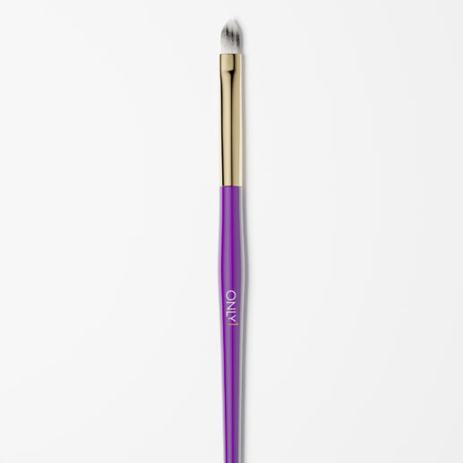 Purple and gold cat tongue makeup brush with white bristles on a plain white background.
