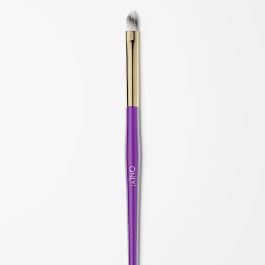 Purple and gold cat tongue makeup brush with white bristles on a plain white background.