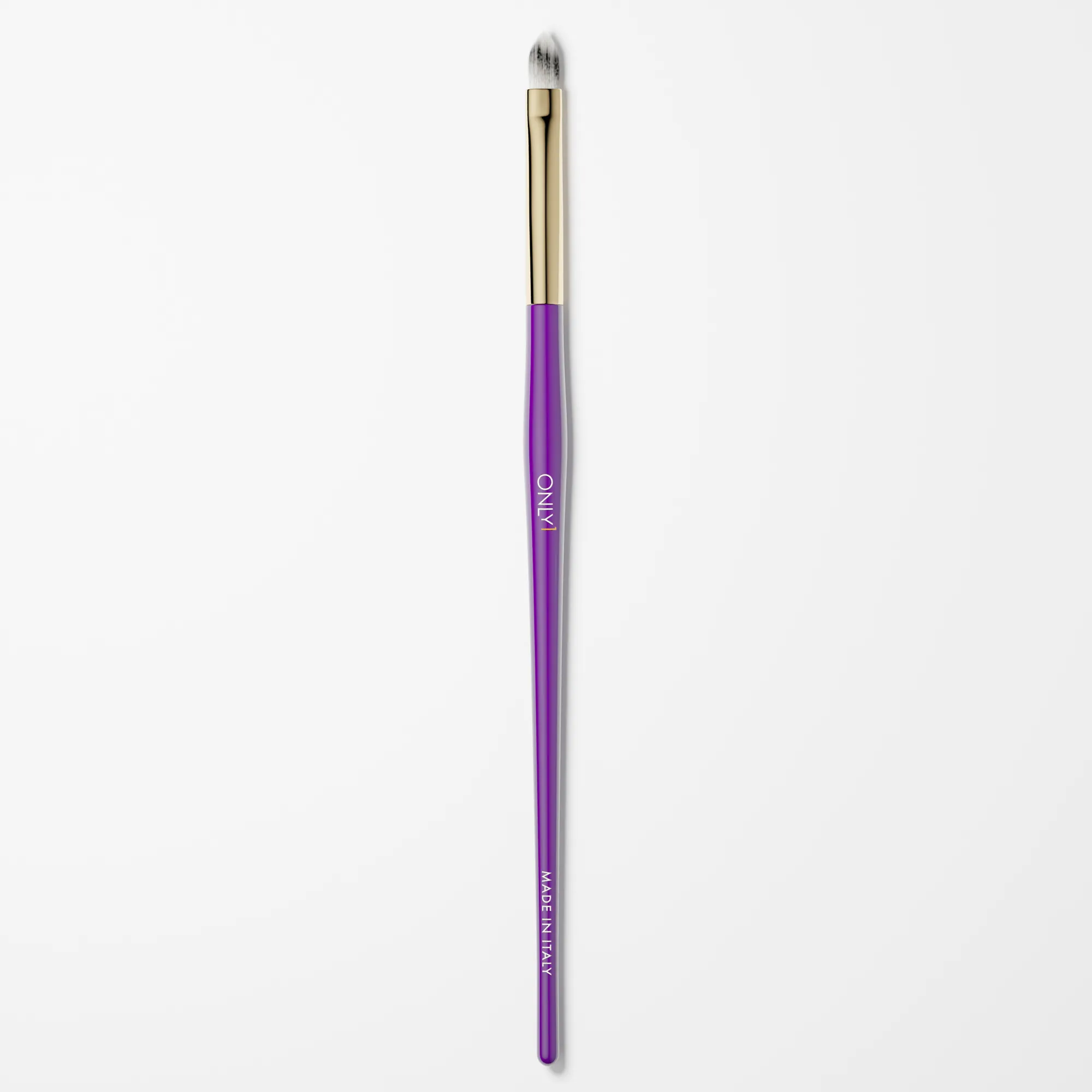 Purple and gold cat tongue makeup brush with white bristles on a plain white background.