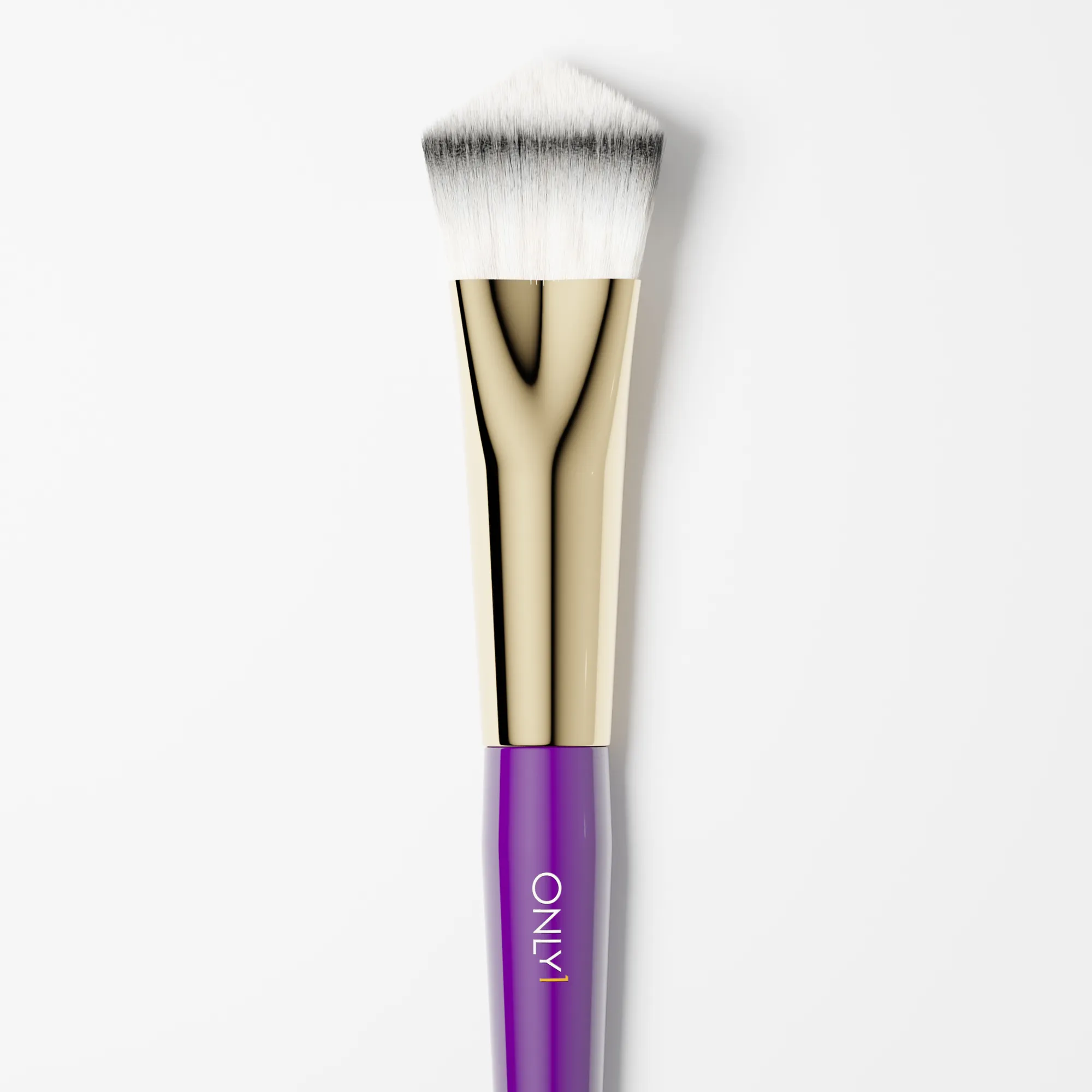 Purple and gold angled makeup brush with dense white bristles on a plain white background.