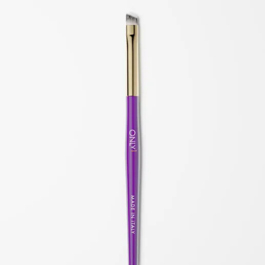 Double-ended eyebrow brush with a purple handle and gold accents, featuring an angled brush on one end and a spoolie on the other, on a plain white background.