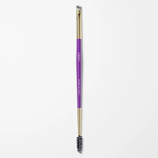 Double-ended eyebrow brush with a purple handle and gold accents, featuring an angled brush on one end and a spoolie on the other, on a plain white background.
