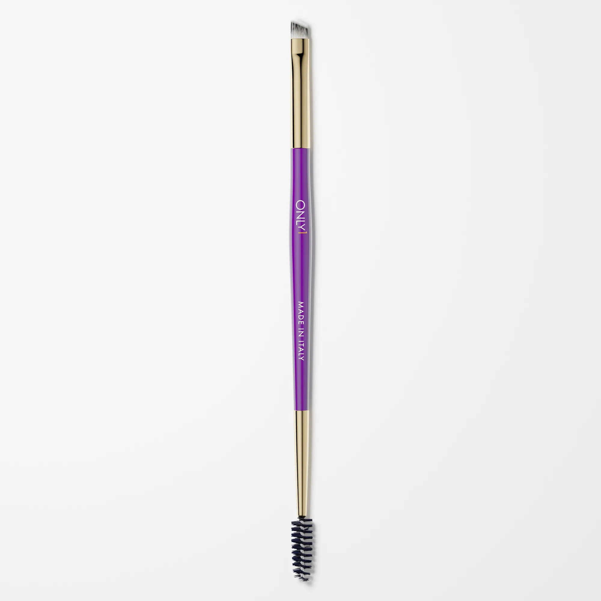 Double-ended eyebrow brush with a purple handle and gold accents, featuring an angled brush on one end and a spoolie on the other, on a plain white background.