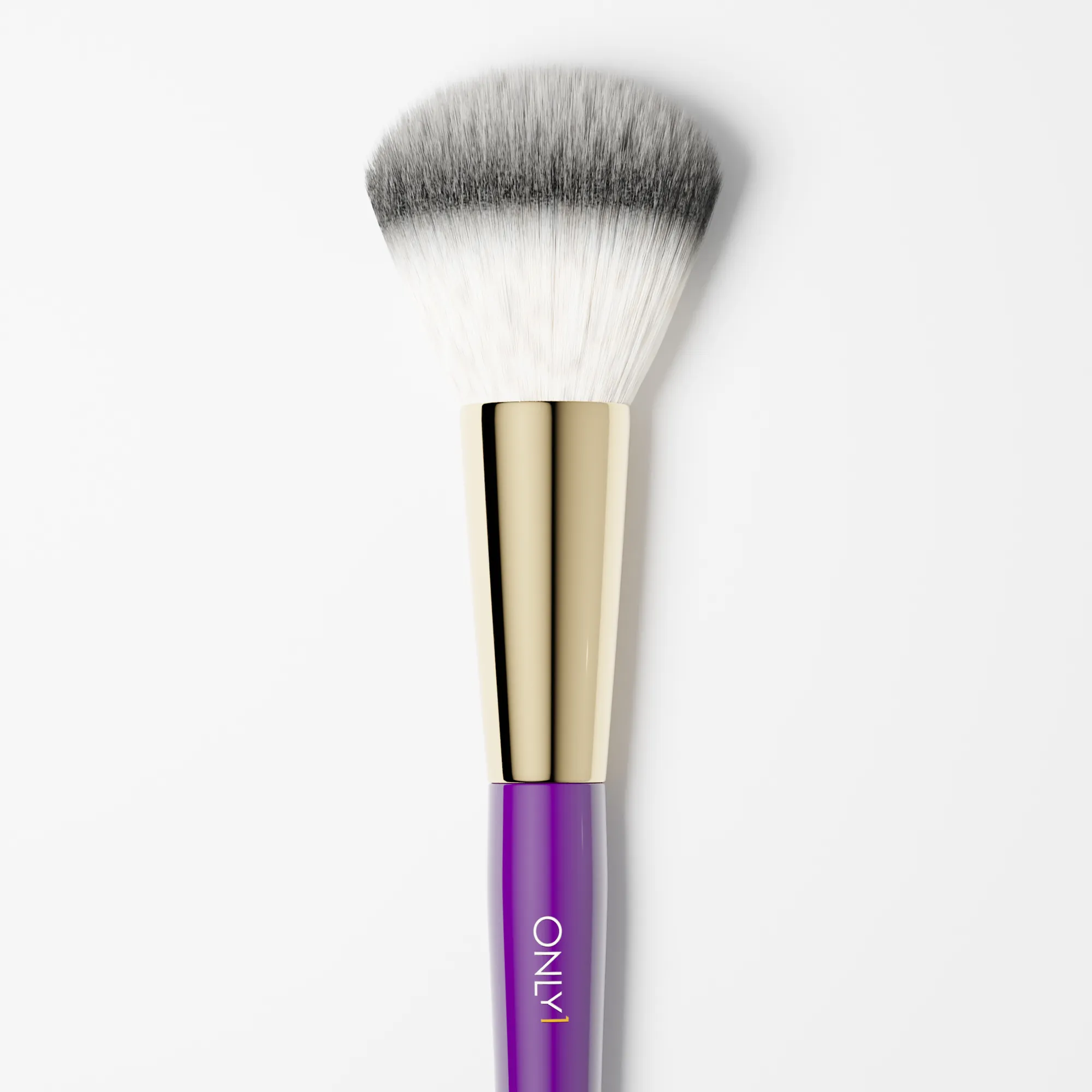 Large powder brush with dense white bristles, a purple handle, and gold accents on a plain white background.