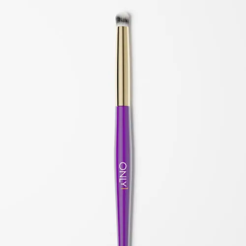 Pencil makeup brush with a purple handle, gold accents, and white bristles on a plain white background.