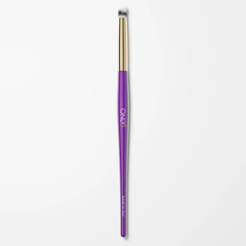 Pencil makeup brush with a purple handle, gold accents, and white bristles on a plain white background.