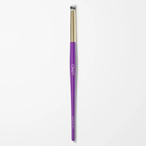 Pencil makeup brush with a purple handle, gold accents, and white bristles on a plain white background.