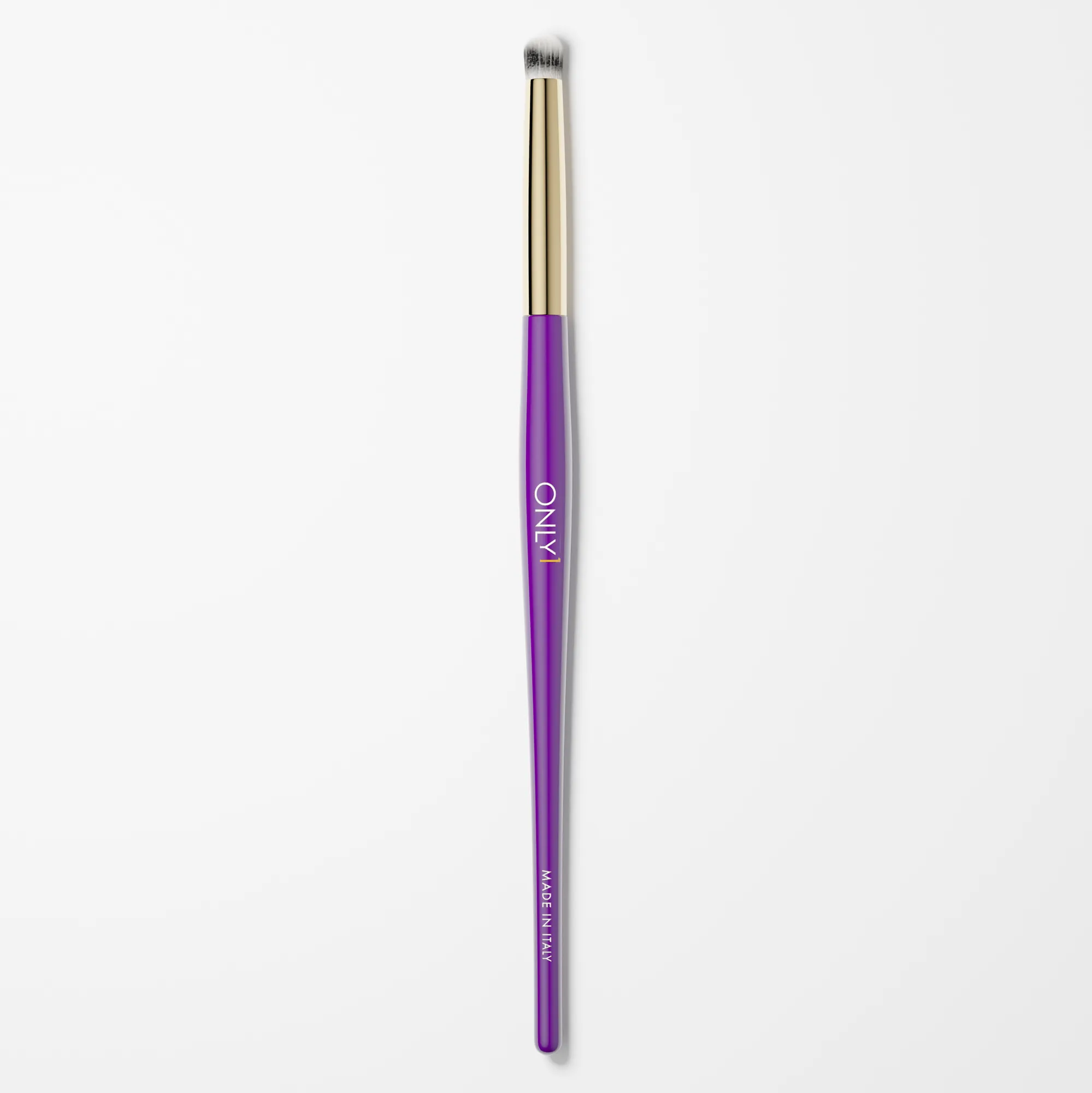 Pencil makeup brush with a purple handle, gold accents, and white bristles on a plain white background.