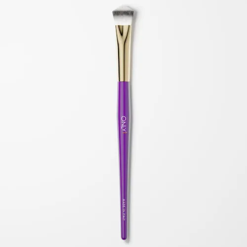 Small concealing brush with a purple handle, gold accents, and white bristles on a plain white background.