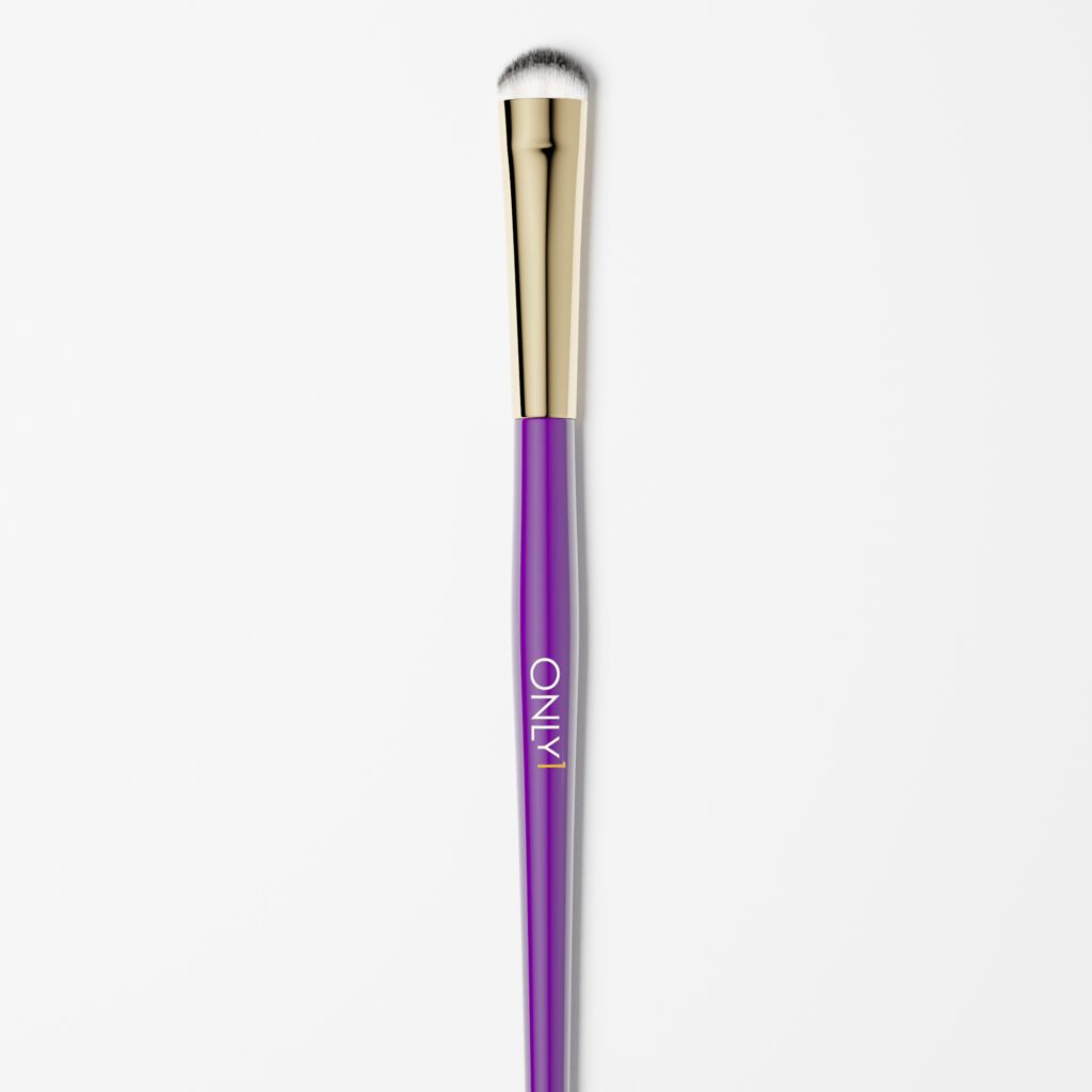 Dense shading brush with a purple handle, gold accents, and white bristles on a plain white background.