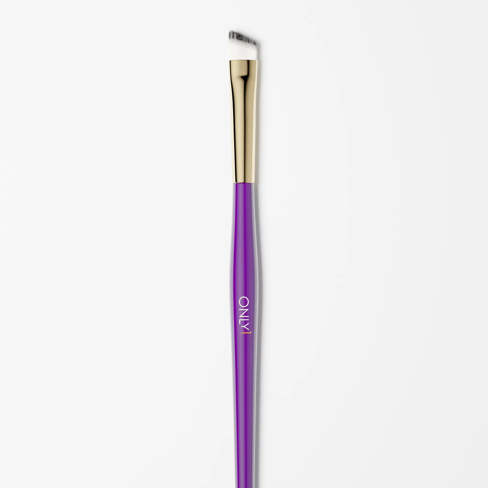 Winged eyeliner brush with a purple handle, gold accents, and fine white bristles on a plain white background.