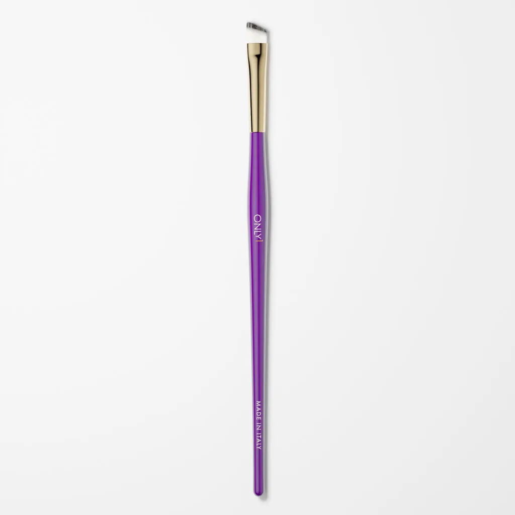 Winged eyeliner brush with a purple handle, gold accents, and fine white bristles on a plain white background.