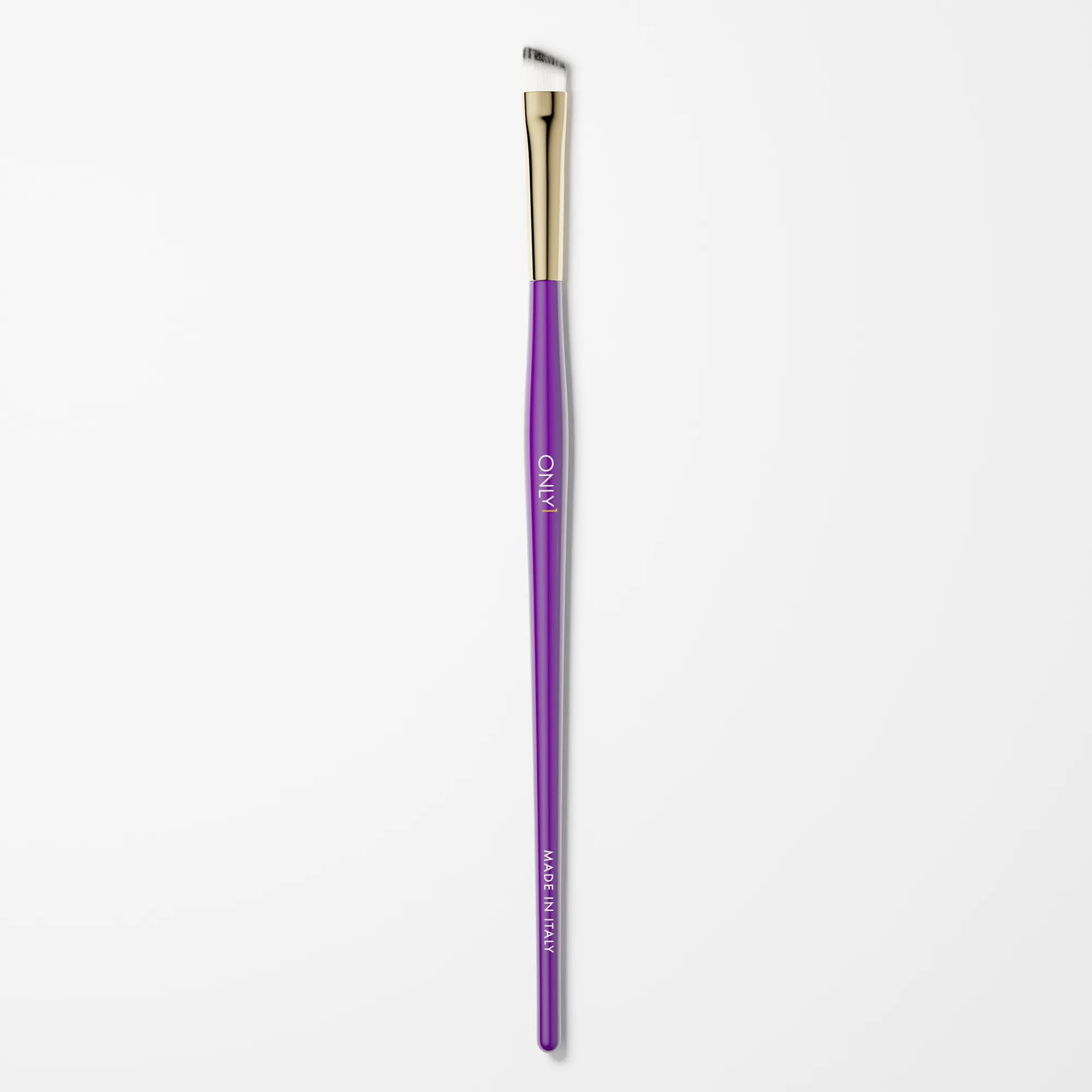 Winged eyeliner brush with a purple handle, gold accents, and fine white bristles on a plain white background.