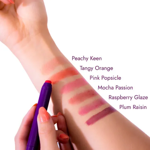A hand swatching six labeled lip shades: Peachy Keen, Tangy Orange, Pink Popsicle, Mocha Passion, Raspberry Glaze, and Plum Raisin.