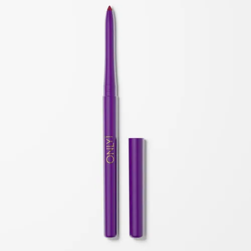 Retractable lip liner with a purple casing and red tip, shown with the cap removed, on a plain white background.