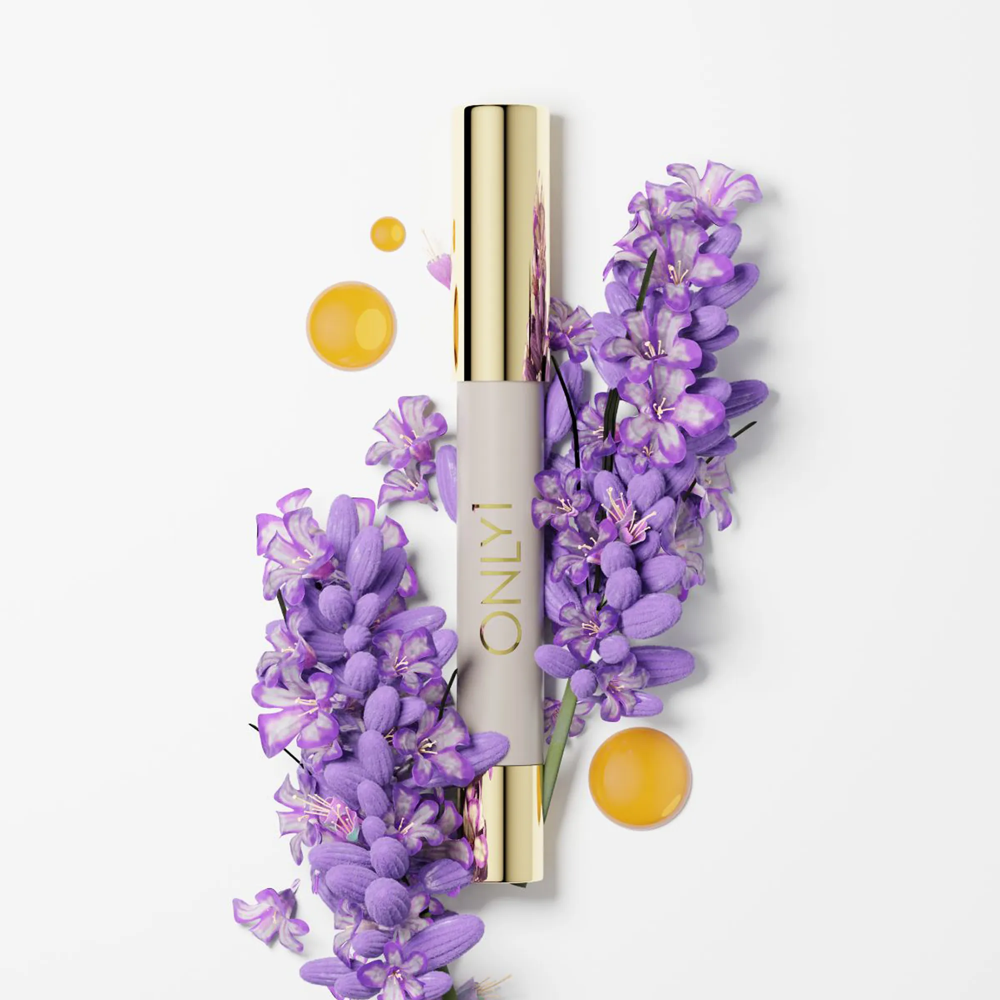 Vitamin C Lip Therapy with gold and white packaging, surrounded by purple flowers and serum drops.