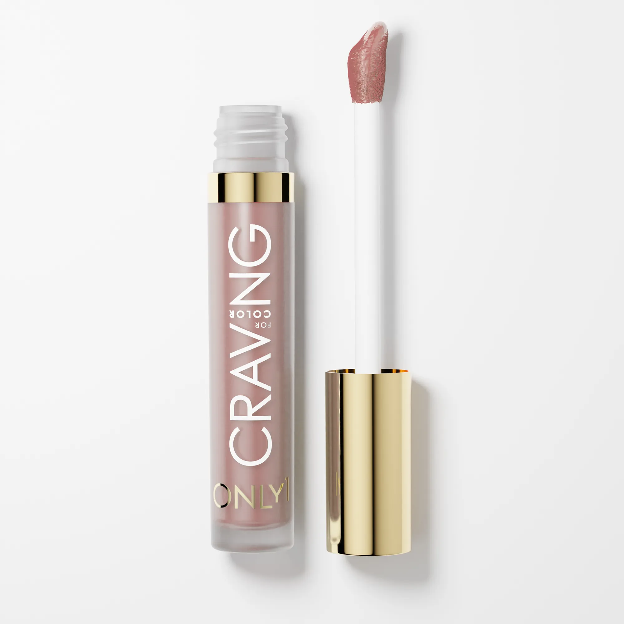 A ravishing peach color liquid lipstick bottle with a red cap sits on a white background. Text on the bottle reads "CRAVING" all caps