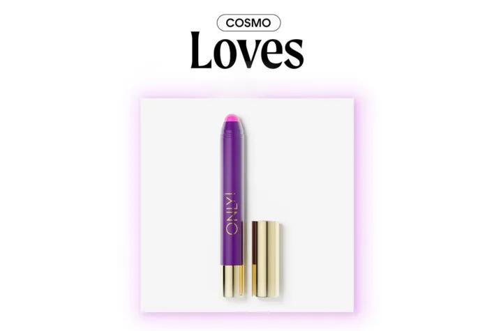 pink lipstick in purple and gold packaging, featured by Cosmopolitan.